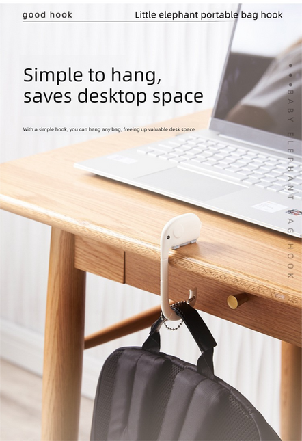 Cartoon Elephant Desk Side Bag Hook White Portable Adhesive Schoolbag Hanger No-Drill Movable Table Hook for Students and Office.