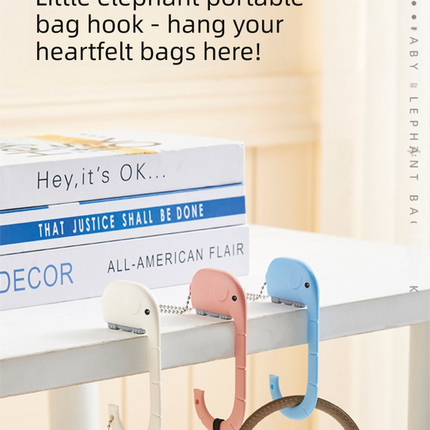 Cartoon Elephant Desk Side Bag Hook White Portable Adhesive Schoolbag Hanger No-Drill Movable Table Hook for Students and Office.