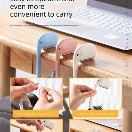 Cartoon Elephant Desk Side Bag Hook Pink Portable Adhesive Schoolbag Hanger No-Drill Movable Table Hook for Students and Office.