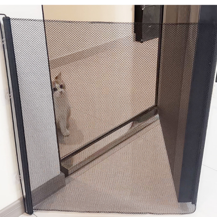 Automatic Retractable Pet Gate 110x78cm Safety Dog Fence No-Drill Mesh Isolation Rail with Auto-Rebound for Stairs Hallways and Doorways Black.