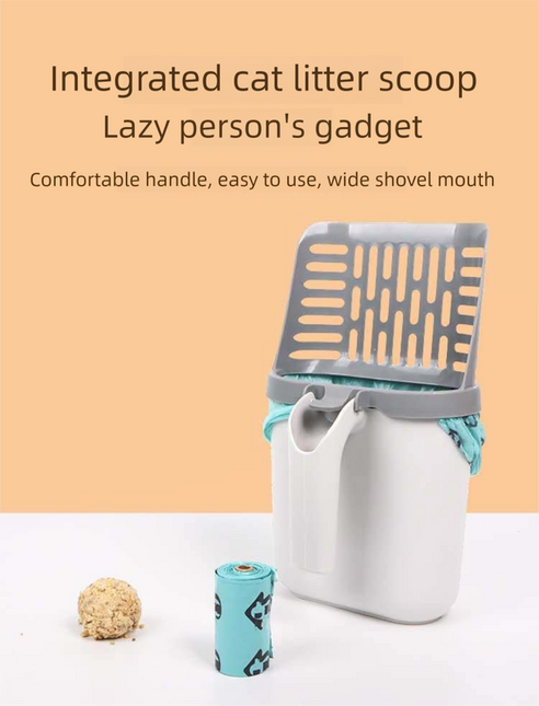 2-in-1 Cat Litter Scoop with Integrated Waste Bin & 1 Roll Refill Bags Detachable Sifter Shovel Anti-Reflux Baffle Grey.