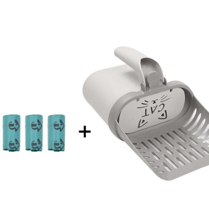 2-in-1 Cat Litter Scoop with Integrated Waste Bin & 4 Rolls Refill Bags Detachable Sifter Shovel Anti-Reflux Baffle Grey.