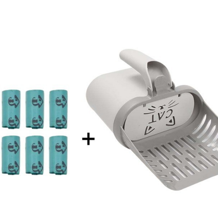 2-in-1 Cat Litter Scoop with Integrated Waste Bin & 8 Rolls Refill Bags Detachable Sifter Shovel Anti-Reflux Baffle Grey.