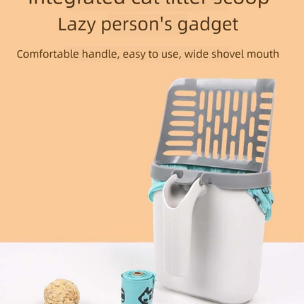 2-in-1 Cat Litter Scoop with Integrated Waste Bin & 8 Rolls Refill Bags Detachable Sifter Shovel Anti-Reflux Baffle Grey.
