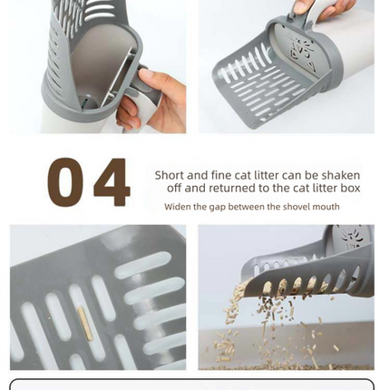 2-in-1 Cat Litter Scoop with Integrated Waste Bin & 8 Rolls Refill Bags Detachable Sifter Shovel Anti-Reflux Baffle Grey.