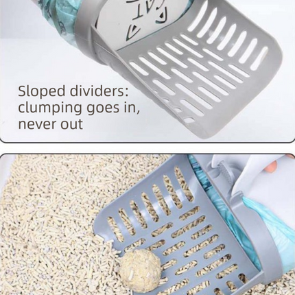 2-in-1 Cat Litter Scoop with Integrated Waste Bin & 8 Rolls Refill Bags Detachable Sifter Shovel Anti-Reflux Baffle Grey.