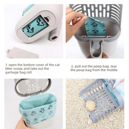2-in-1 Cat Litter Scoop with Integrated Waste Bin & 8 Rolls Refill Bags Detachable Sifter Shovel Anti-Reflux Baffle Grey.
