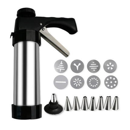 Stainless Steel Cookie Press Gun Kit Biscuit Maker & Icing Decorator Set with 8 Discs 8 Nozzles Heavy Duty DIY Baking Tool for Cakes.