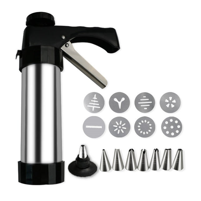 Stainless Steel Cookie Press Gun Kit Biscuit Maker & Icing Decorator Set with 8 Discs 8 Nozzles Heavy Duty DIY Baking Tool for Cakes.