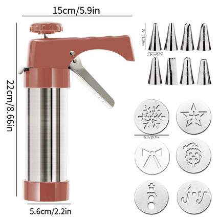 Stainless Steel Cookie Press Maker Kit with 8 Icing Tips and 6 Christmas Discs Red Manual Biscuit Press Machine.