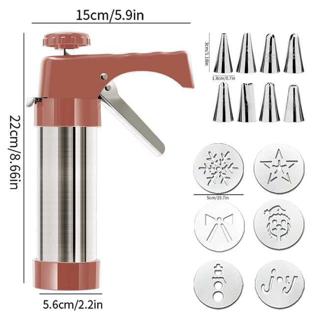 Stainless Steel Cookie Press Maker Kit with 8 Icing Tips and 6 Christmas Discs Red Manual Biscuit Press Machine.