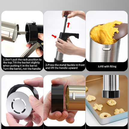 Stainless Steel Cookie Press Maker Kit with 8 Icing Tips and 6 Christmas Discs Red Manual Biscuit Press Machine.
