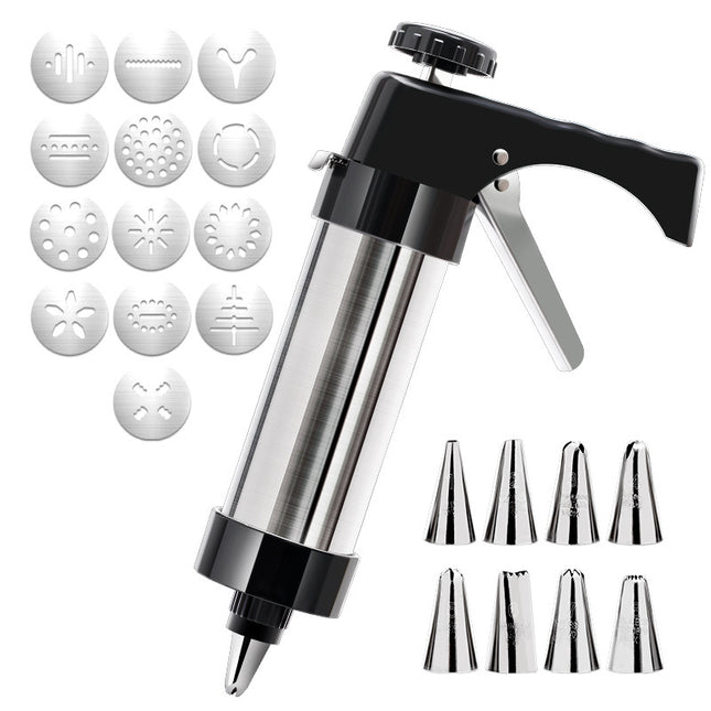 Stainless Steel Cookie Press Maker Kit with 13 Disc Molds and 8 Icing Tips Black Manual Biscuit Machine Set.