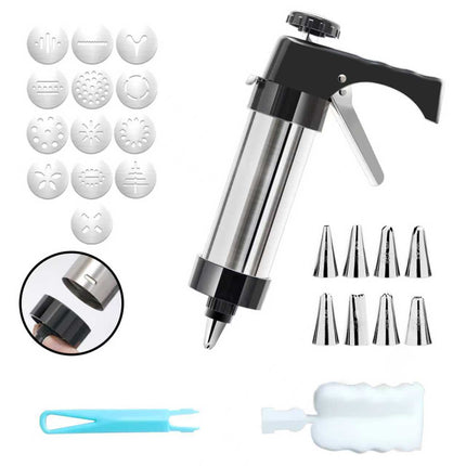 Stainless Steel Cookie Press Maker Kit Black Biscuit Machine with 13 Disc Molds 8 Icing Tips and Sponge Cleaning Brush.