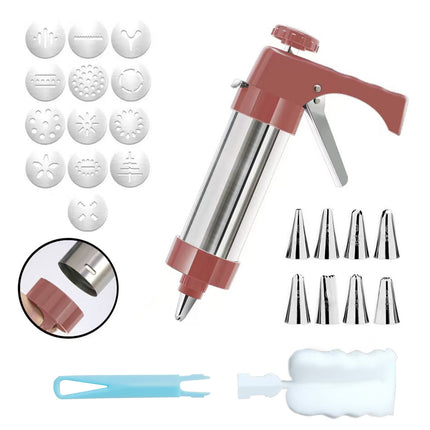 Stainless Steel Cookie Press Maker Kit Red Biscuit Machine with 13 Disc Molds 8 Icing Tips and Sponge Cleaning Brush.