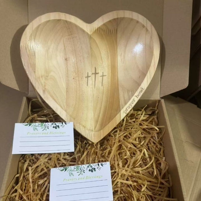 Handcrafted Heart Shaped Wooden Prayer Bowl with Prayer Cards and Raffia Natural Wood Grain Spiritual Gift for Home.