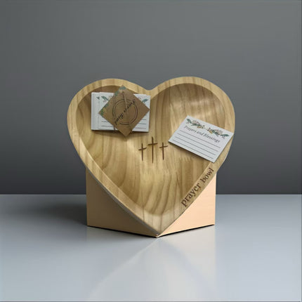 Handcrafted Heart Shaped Wooden Prayer Bowl with Prayer Cards and Raffia Natural Wood Grain Spiritual Gift for Home.