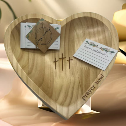 Handcrafted Heart Shaped Wooden Prayer Bowl with Prayer Cards and Raffia Natural Wood Grain Spiritual Gift for Home.