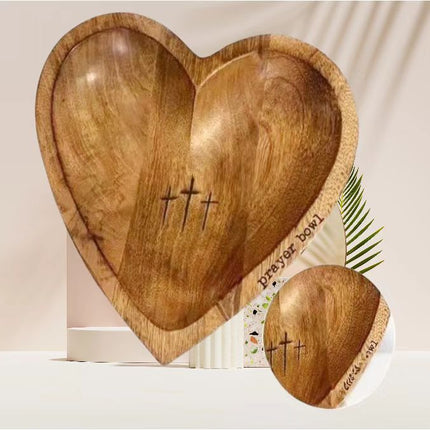 Handcrafted Heart Shaped Wooden Prayer Bowl with Prayer Cards and Raffia Natural Wood Grain Spiritual Gift for Home.