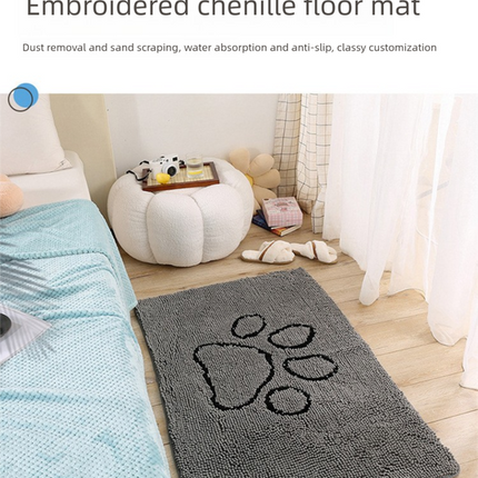 Grey Chenille Pet Mat Non-Slip Absorbent Dog & Cat Rug 40x60cm Cute Paw Print Design for Feeding Sleeping or Entryway.