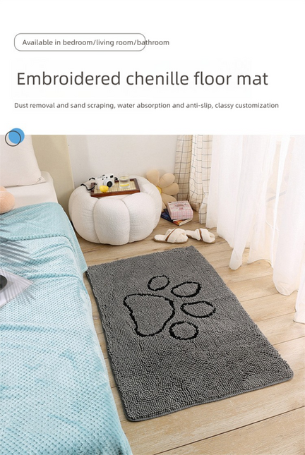 Grey Chenille Pet Mat Non-Slip Absorbent Dog & Cat Rug 50x80cm Cute Paw Print Design for Feeding Sleeping or Entryway.