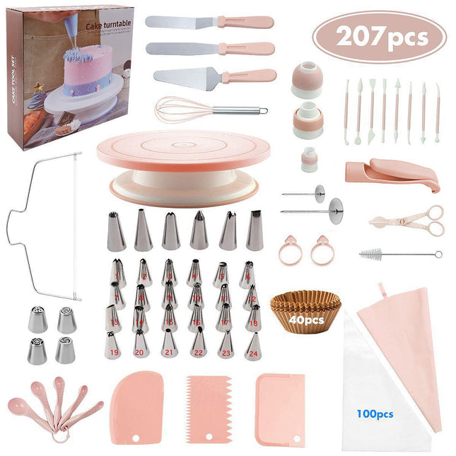 207 Pieces Cake Decorating Kit with Nordic Pink Revolving Turntable Icing Tips and Spatulas Complete Baking Tool Set.