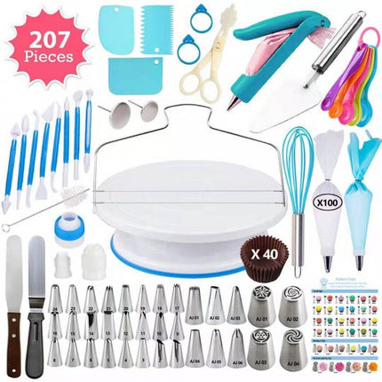 207 Pieces Cake Decorating Kit with Nordic Blue Revolving Turntable Icing Tips and Spatulas Complete Baking Tool Set.