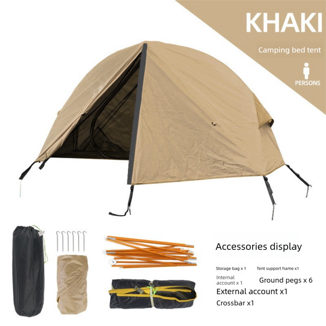 Single Person Off-Ground Camping Tent Portable Folding Bed Cover with Mosquito Net UV-Resistant Fishing Tent Light Khaki.