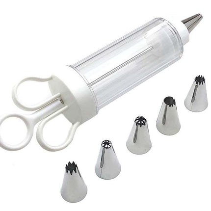 Cake Decorating Icing Syringe Gun Set with 5 Stainless Steel Nozzles DIY Cookie Press Baking Tool for Home Kitchen.