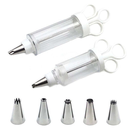 Cake Decorating Icing Syringe Gun Set with 5 Stainless Steel Nozzles DIY Cookie Press Baking Tool for Home Kitchen.