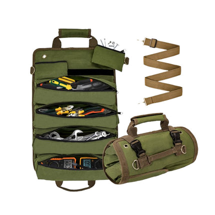 Heavy Duty Tool Roll Up Bag Organiser Multi-Pocket Canvas Carry Pouch for Electrician DIY Mechanic & 4WD Camping Green.