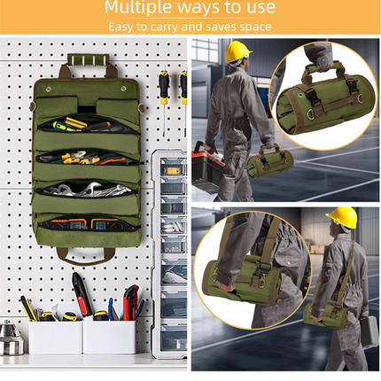Heavy Duty Tool Roll Up Bag Organiser Multi-Pocket Canvas Carry Pouch for Electrician DIY Mechanic & 4WD Camping Green.
