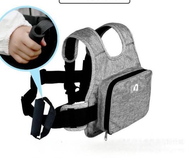 Child Motorcycle Safety Harness Strap Adjustable Passenger Belt with Handles & Storage Pocket Breathable Linen Grey for Scooter.