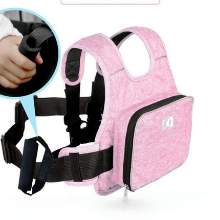 Child Motorcycle Safety Harness Strap Adjustable Passenger Belt with Handles & Storage Pocket Breathable Linen Pink for Scooter.