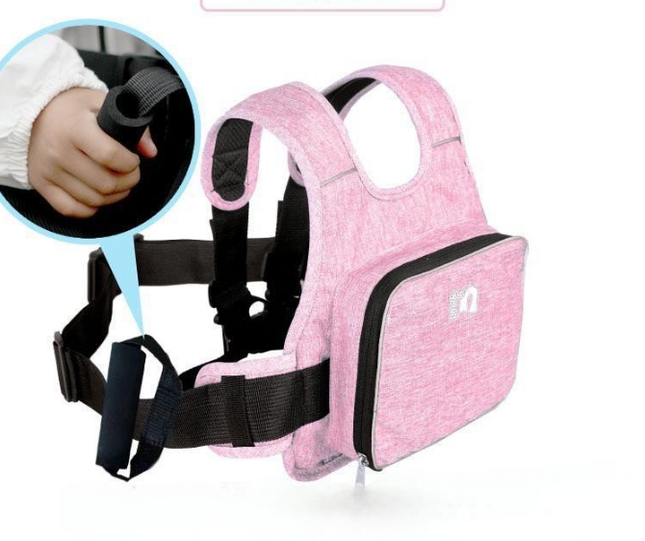 Child Motorcycle Safety Harness Strap Adjustable Passenger Belt with Handles & Storage Pocket Breathable Linen Pink for Scooter.