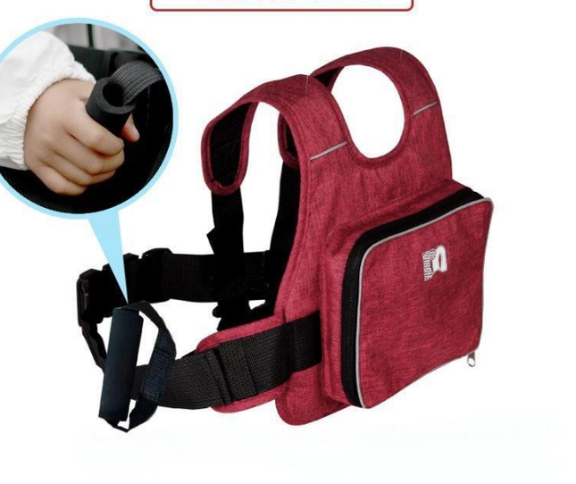 Child Motorcycle Safety Harness Strap Adjustable Passenger Belt with Handles & Storage Pocket Breathable Linen Red for Scooter.