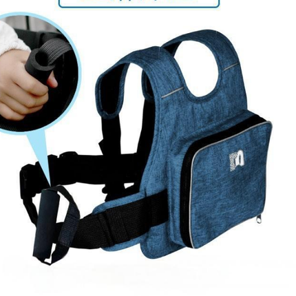 Child Motorcycle Safety Harness Strap Adjustable Passenger Belt with Handles & Storage Pocket Breathable Linen Blue for Scooter.
