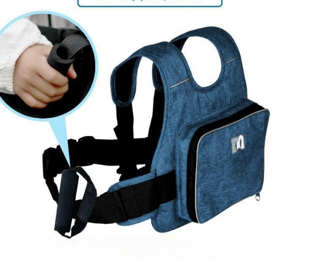 Child Motorcycle Safety Harness Strap Adjustable Passenger Belt with Handles & Storage Pocket Breathable Linen Blue for Scooter.