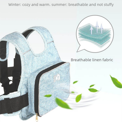 Child Motorcycle Safety Harness Strap Adjustable Passenger Belt with Handles & Storage Pocket Breathable Linen Light Blue for Scooter.
