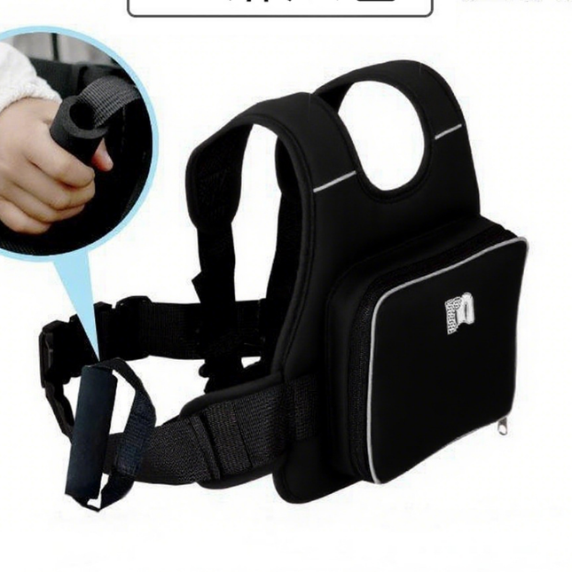 Child Motorcycle Safety Harness Strap Adjustable Passenger Belt with Handles & Storage Pocket Breathable Linen Black for Scooter.