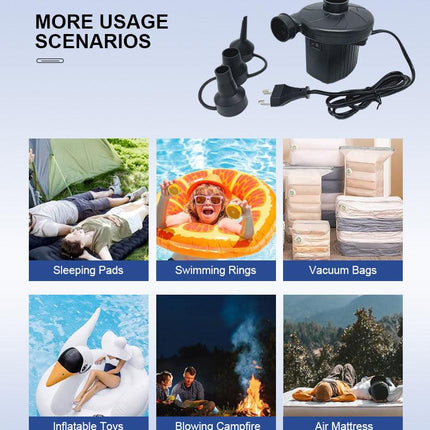 Electric Air Pump AC 220V-240V Portable Quick Inflator Deflator with 3 Nozzles for Air Mattress Pool Floats Vacuum Storage Bags AU Plug.