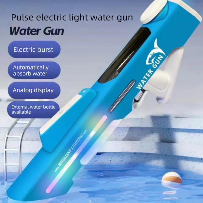 Electric Water Gun Auto Refill 46cm Blue LED Pulse Blaster High Pressure Toy with External Bottle Connector & Manual Mode for Summer Pool Party.
