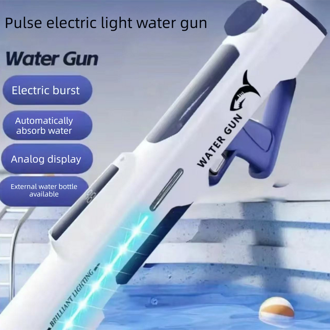 Electric Water Gun Auto Refill 46cm White LED Pulse Blaster High Pressure Toy with External Bottle Connector & Manual Mode for Summer Pool Party.