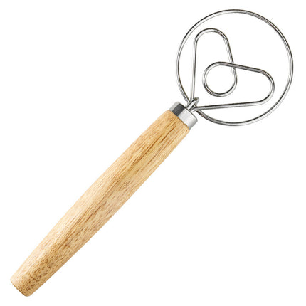 Danish Dough Whisk Heart Shaped Design Short Oak Wood Handle Stainless Steel Bread Mixer Tool for Sourdough Pizza & Batter.
