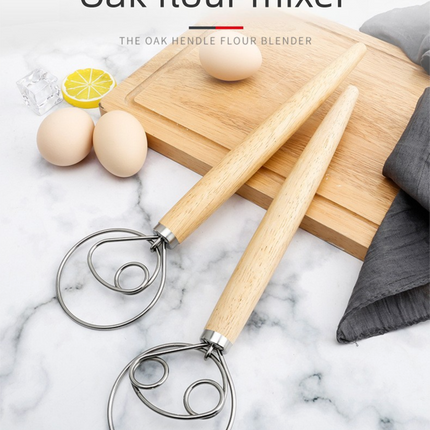 Danish Dough Whisk Slim Dual Ring Design Long Oak Wood Handle Bread Mixer Tool for Sourdough Starter Jars & Batters.