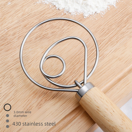 Danish Dough Whisk Slim Dual Ring Design Long Oak Wood Handle Bread Mixer Tool for Sourdough Starter Jars & Batters.