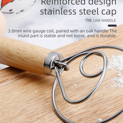 Danish Dough Whisk Slim Dual Ring Design Long Oak Wood Handle Bread Mixer Tool for Sourdough Starter Jars & Batters.
