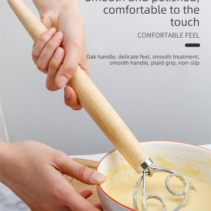 Danish Dough Whisk Slim Dual Ring Design Long Oak Wood Handle Bread Mixer Tool for Sourdough Starter Jars & Batters.