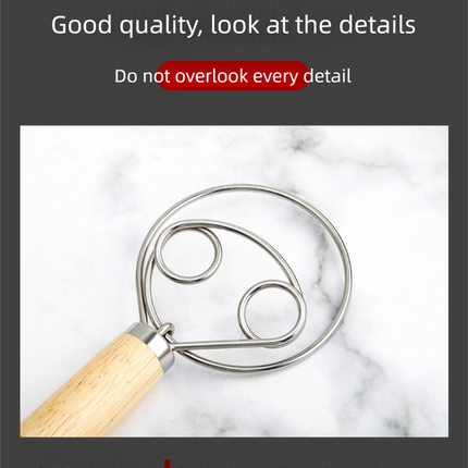 Danish Dough Whisk Slim Dual Ring Design Long Oak Wood Handle Bread Mixer Tool for Sourdough Starter Jars & Batters.