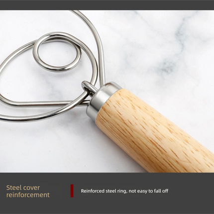 Danish Dough Whisk Slim Dual Ring Design Long Oak Wood Handle Bread Mixer Tool for Sourdough Starter Jars & Batters.